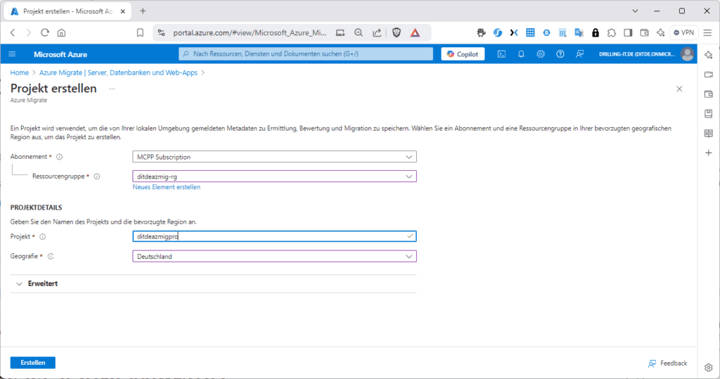 Neues Azure Migrate  - „Projekt“