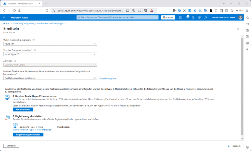 Abschließen der Registrierung des Hyper-V-Hosts im Azue-Portal