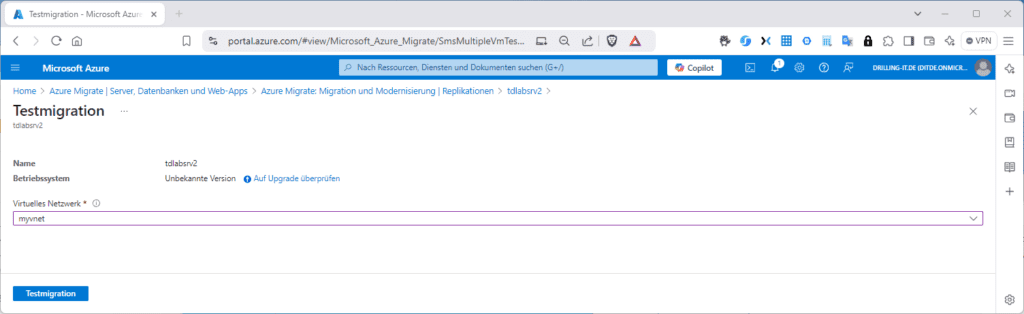 virtuelle Netzwerk für die Testmigration