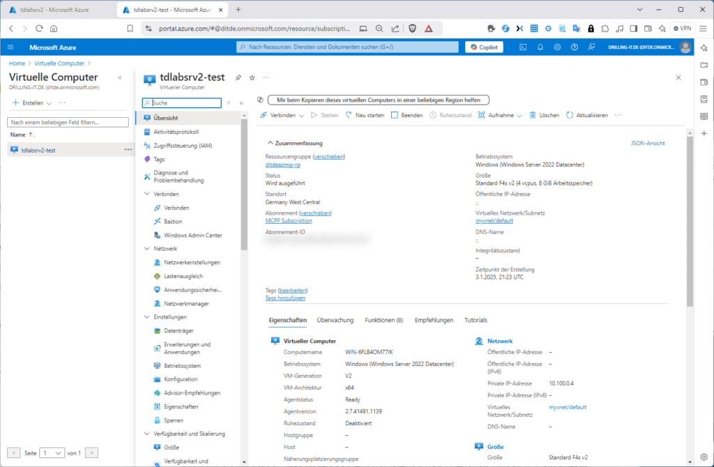 Testmigrierte VM in Azure