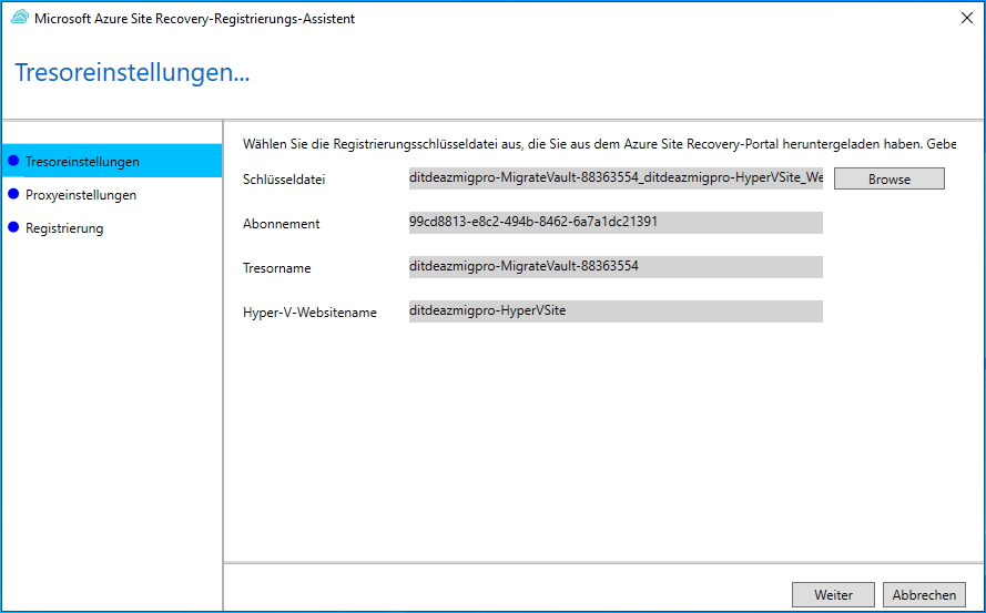 Azure-Site-Recovery benötigt die Tresoranmeldeinformationen