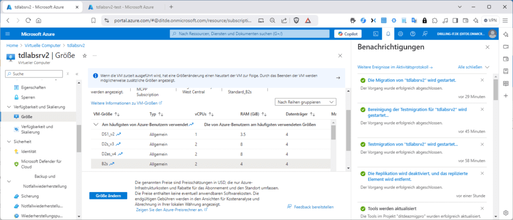 Größe der VM nach Migration ändern